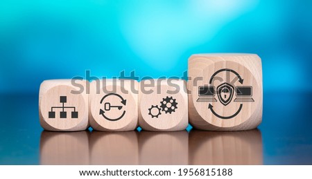 Wooden blocks with symbol of vpn concept on blue background