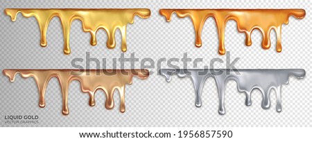 A set of liquid sticky gold, rose gold, silver and bronze. Drops of precious metals. Realistic 3d vector design Royalty-Free Stock Photo #1956857590