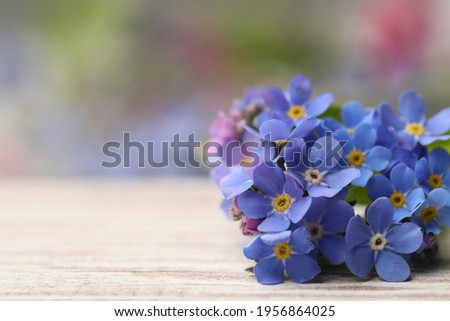 Beautiful blue Forget-me-not flowers on white wooden table, closeup. Space for text