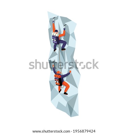 Two climbers with equipment climbing steep rock 3d isometric vector illustration