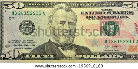 Obverse side of 50 dollars portrait, fifty American dollars banknote background, selective focus, united states dollars banknote