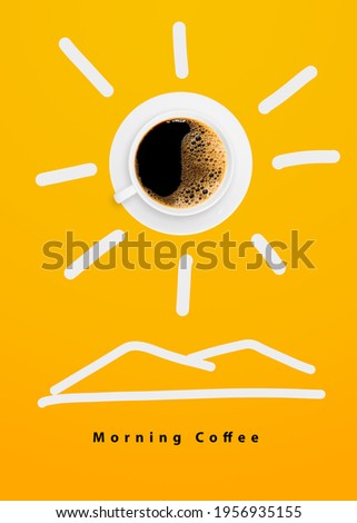 Morning coffee ideas Painting sun and mountain coffee shop advertising poster on red background