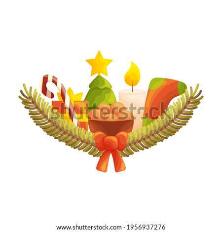 Cute Christmas composition with spruce branches, candies and treats, Christmas tree and candle and sock with a red bow. White background. Flat style illustration.