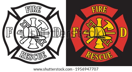 Firefighter Rescue Maltese Florian Cross in both Black Line Art and Red and Gold Color Isolated Vector Illustration
