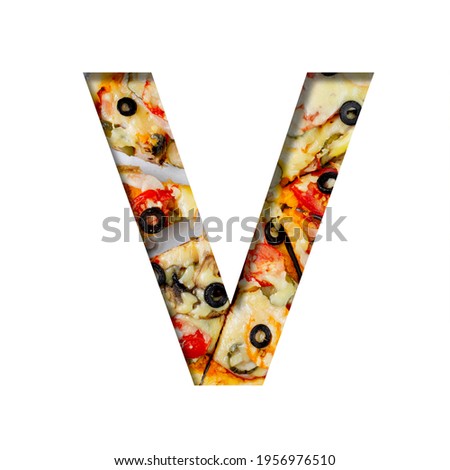 Font on pizza texture. Letter V, cut out of paper on a background of real mediterranean pizza. Volumetric white fonts alphabet set