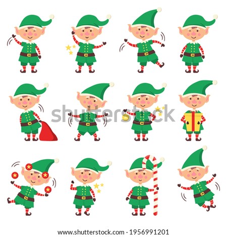 Smiling elf packing gifts. Collection of Christmas elves isolated on white background. Funny and joyful helper santa sending holiday gift and decoration christmas tree. Happy New Year. 