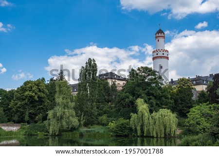 View towards the castle and the white tower in Bad Homburg - Germany in the Taunus 