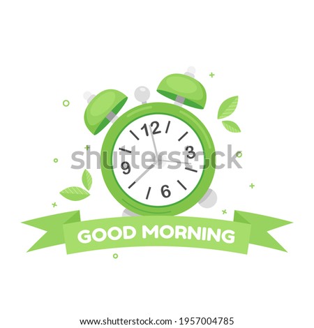 Green alarm clock with good morning text on a ribbon banner. Flat design illustration. Eps 10