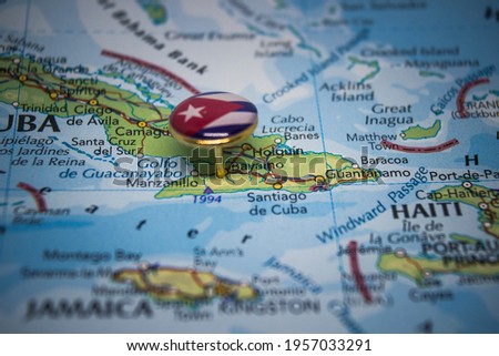 Bayamo pinned on a map with flag of Cuba