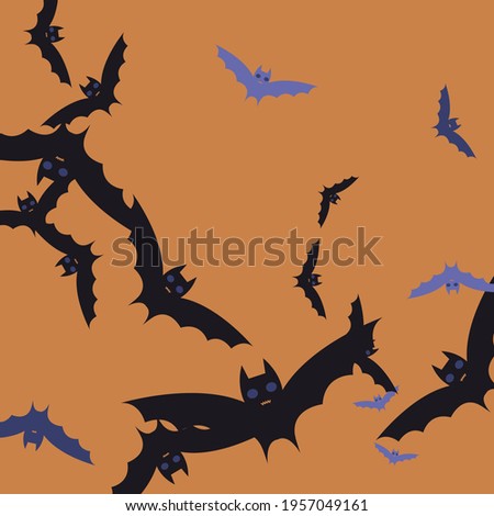 Chaos Purple Creepy Black Halloween Art Illustration. Violet Colorful Spooky Attack Art Flying Bats Fabrics. Sky Motion Print Night Gothic Bats Vector Background. Scary Eyes Orange Retro Background.