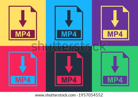 Pop art MP4 file document icon. Download MP4 button icon isolated on color background.