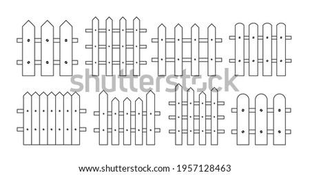 Fence black line flat cartoon set. Rural wooden fences, pickets garden wood wall house concepts. Hand drawn picket, pasture, fence and wall, collection. Isolated vector illustration