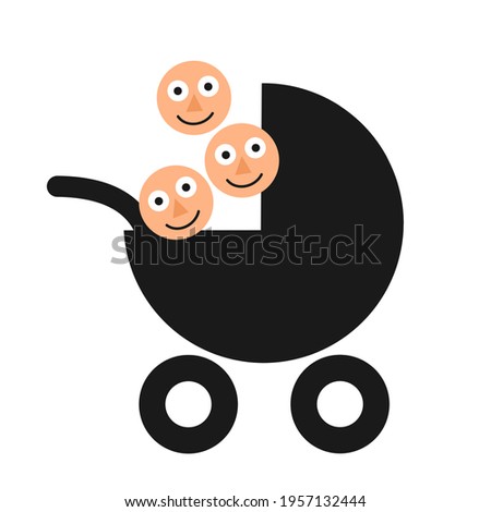 Triplet and multiple birth - Baby stroller and carriage with three children, kids and babies. Vector illustration isolated on white.