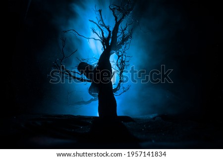 Spooky dark landscape showing silhouettes of trees in the swamp on misty night. Night mysterious forest in cold tones . Tree branches against the full moon and dramatic cloudy night sky