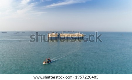 aerial view car carrier ship runing have wave in sea, bangkok, thailand.