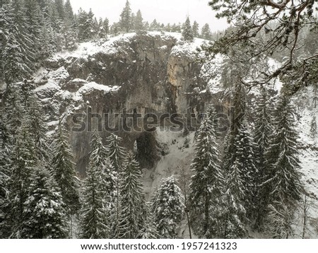 View of the Marvelous Bridges or Wonderful Bridges during a snowstorm in Bulgaria