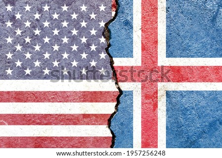 Grunge USA VS Iceland national flags icon pattern isolated on broken cracked wall background, abstract international political relationship friendship divided conflicts concept texture wallpaper