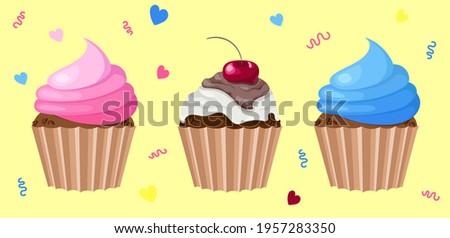 set of cupcakes with different cream filling with a cherry on top. Delicious food dessert
Unhealthy eating. vector EPS