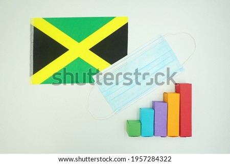 The national flag of jamaica with a mask for protection from the corona virus or Covid 19 and a colorful diagram isolated on a white background