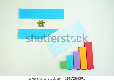 Argentina national flag with a mask for protection from the corona virus or Covid 19 and a colorful diagram isolated on a white background