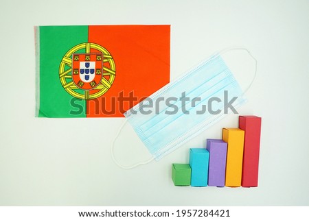 The national flag of Portugal with a mask for protection from the corona virus or Covid 19 and a colorful diagram isolated on a white background