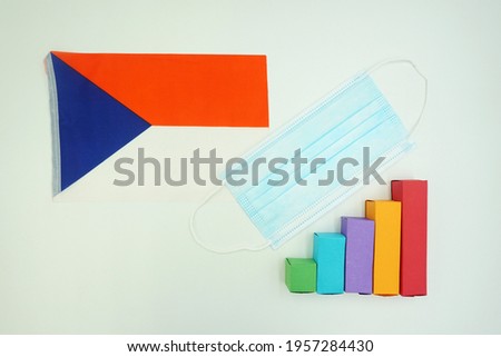 The national flag of the Czech republic with a mask for protection from the corona virus or Covid 19 and a colorful diagram isolated on a white background