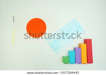 The national flag of Japan with a mask for protection from the corona virus or Covid 19 and a colorful diagram is isolated on a white background