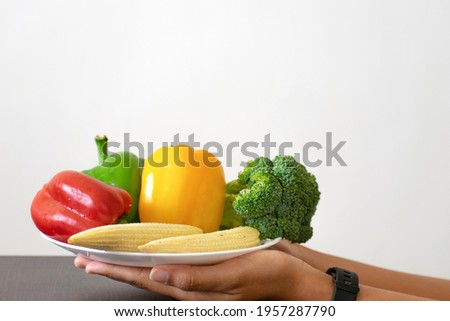 A picture of hands of a woman holding plate full of healthy exotic vegetables such as broccoli, baby corn, capsicum, red capsicum and yellow capsicum.