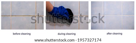 Dirty old joints between the tiles in the bathroom. Toxic mold and yellowness of the interplate joints in the bathroom before, after and during cleaning. Royalty-Free Stock Photo #1957327174