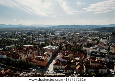 An aerial shot of Ljubljana city in Slovenia