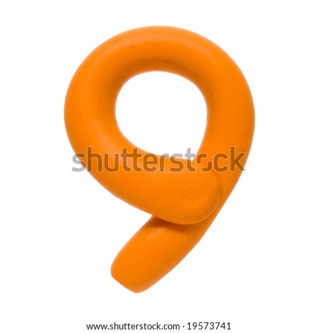 Colour plasticine figure isolated on a white background - orange nine - 9