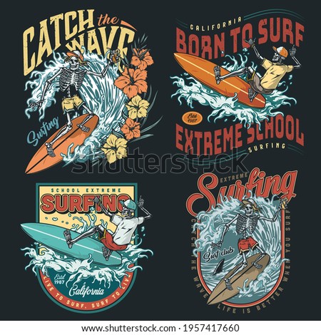 Extreme surfing vintage colorful logos with inscriptions hibiscus flowers skeleton surfers riding waves isolated vector illustration