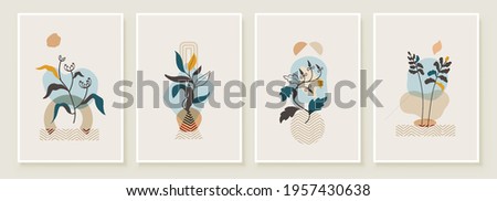 Abstract Botanical Organic Art Illustration. Set of soft color painting wall art for house decoration. Minimalistic canvas background design. Vector wall art plants in boho style.