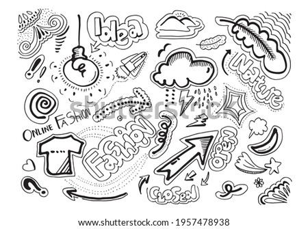 Hand drawn doodle creative arts such as clouds, t-shirts, bulb, arrows, leaves, mountains. Design illustration for design elements.
