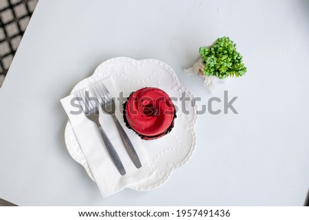 red velvet cake on the white dish dessert sweets, food photography, Tea break 