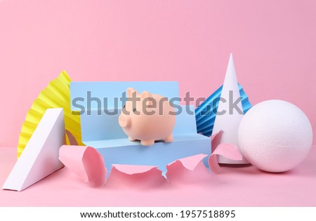 Piggy bank on stairs stand. Modern pink background with geometric shapes. Minmalism. Concept art