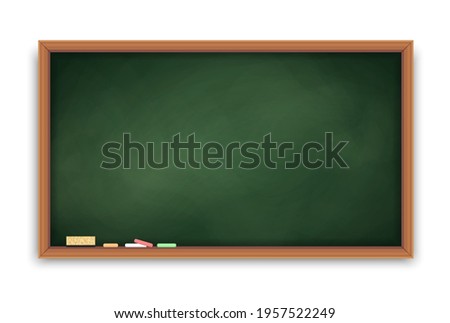 Realistic green blackboard in wooden frame. Wiped dirty chalkboard. Blank clasroom board with chalk pieces and sponge. Space for advertising text and restaurant menu. Vector illustration. Royalty-Free Stock Photo #1957522249