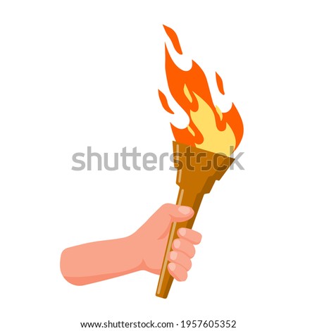 Hand holding torch. Symbol of Olympic Flame and sports. Education and lighting. Flat cartoon illustration
