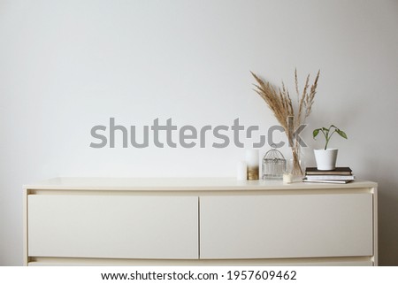 Minimalistic home decor of interior with candles, books, plant. White wall. 