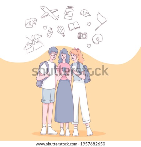 Group of young teenage tourists traveling people with travel items, going on vacation trip. in cartoon character, flat vector illustration
