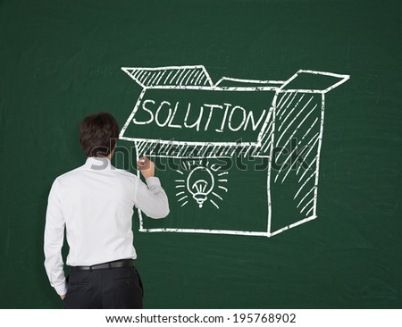 Businessman drawing a solution box. Green background.