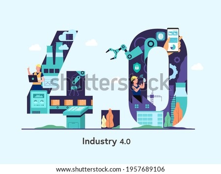 Industry 4.0 banner with programmer or worker and robotic arm. Smart industrial revolution in factory process, Numeric design Isolated flat vector illustration Royalty-Free Stock Photo #1957689106