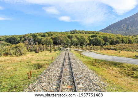 A beautiful landscape of a railway track in a rural countryside fading into a marvelous forest