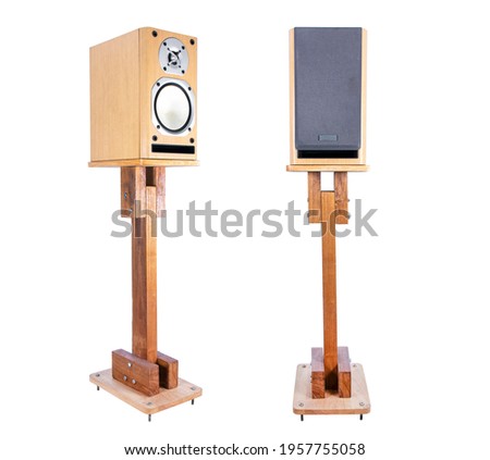 Two wood bookshelf speaker with handmade wood speaker stand isolated on white background. Wooden bookshelf loudspeaker on wooden speaker stand 