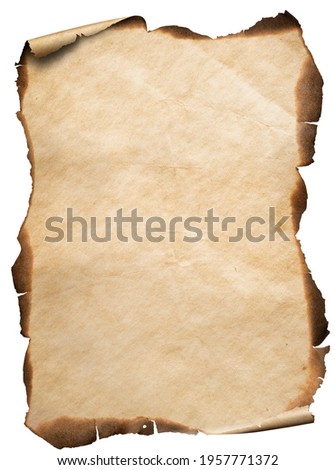 old vertical paper or map with burnt and curved edges isolated