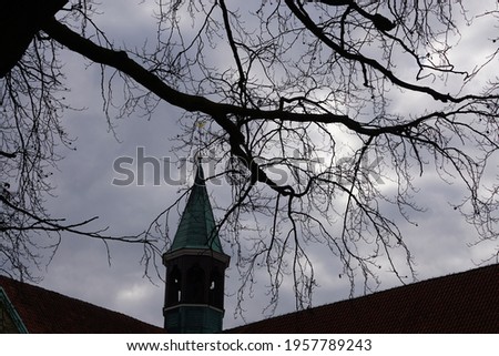 Dark Branch And Historical Architecture Silhouette. Beautiful View Of Old Small Marienfeld Town, Germany. Spring Time Background.