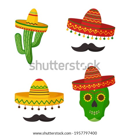 Mexican vector icons. Cinco de Mayo celebration. Skull, sombrero, cactus, mustache isolated on white background. Cartoon illustration