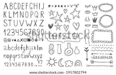 Hand drawn font, alphabet letters uppercase and lowercase, numbers, punctuation marks. Doodle pen, ink elements collection, heart, star, crown, flower, leave, oval, circle frame set, text divider