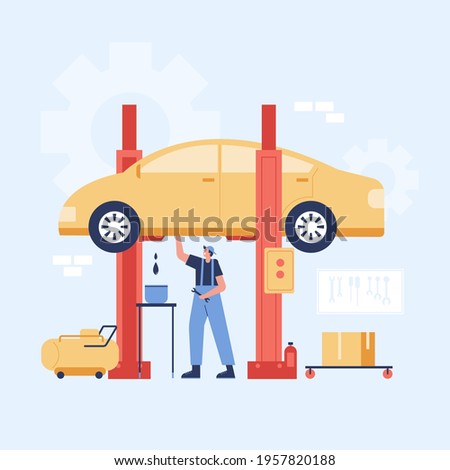 Automobile repair and maintenance service concept vector illustration. Employees are checking and repairing cars in the garage. vector illustration flat design