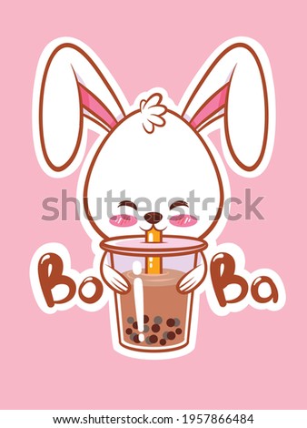 a cute rabbit drinking boba tea. cartoon character and mascot illustration concept.